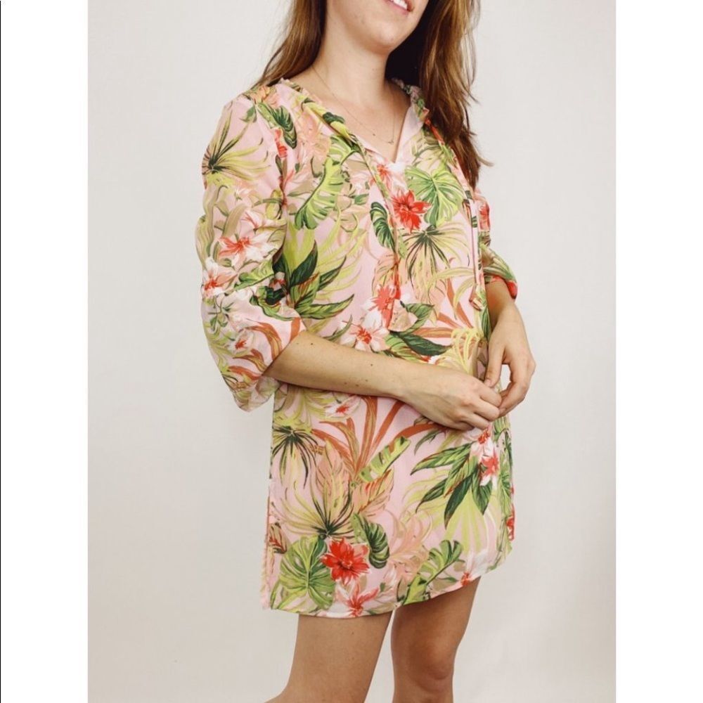 J.Jill Pink Green Tropical Floral Tunic Top Spring Summer Blouse Size L